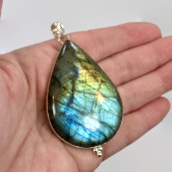Labradorite Pendant, Sterling Silver, Large Stone, Handcrafted, 3" Long, Blue - Picture 3 of 6
